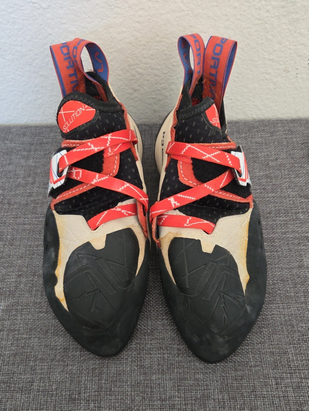 Scarpa Solution Climbing Shoes — Black, Beige & Red Accents